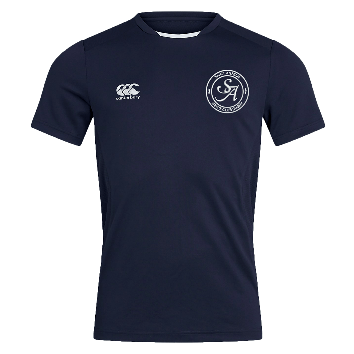 The EMB Canterbury Saint Anselm College Club Rugby Club Dry Tee is a navy blue, short-sleeve athletic shirt with a Canterbury logo on the right chest and a Saint Anselm shield on the left, crafted for breathable performance.