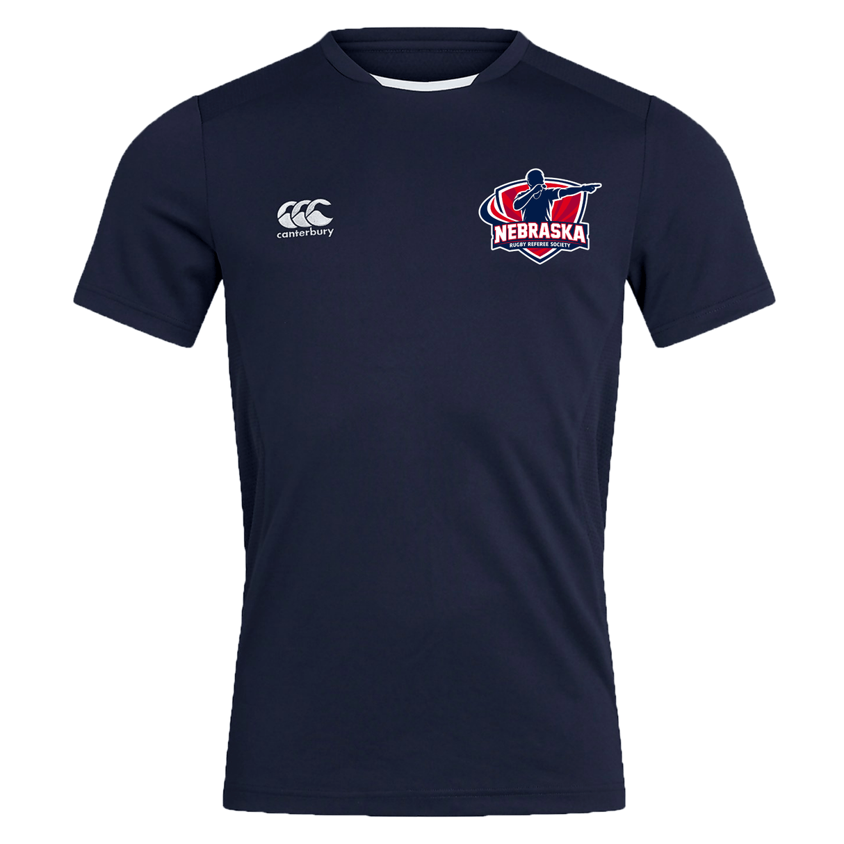 The EMB Canterbury Nebraska Rugby Referee Society Club Dry Tee features a navy blue design with a Nebraska rugby logo on the left chest, a Canterbury logo on the right, and Vapodri Technology for breathability during workouts.