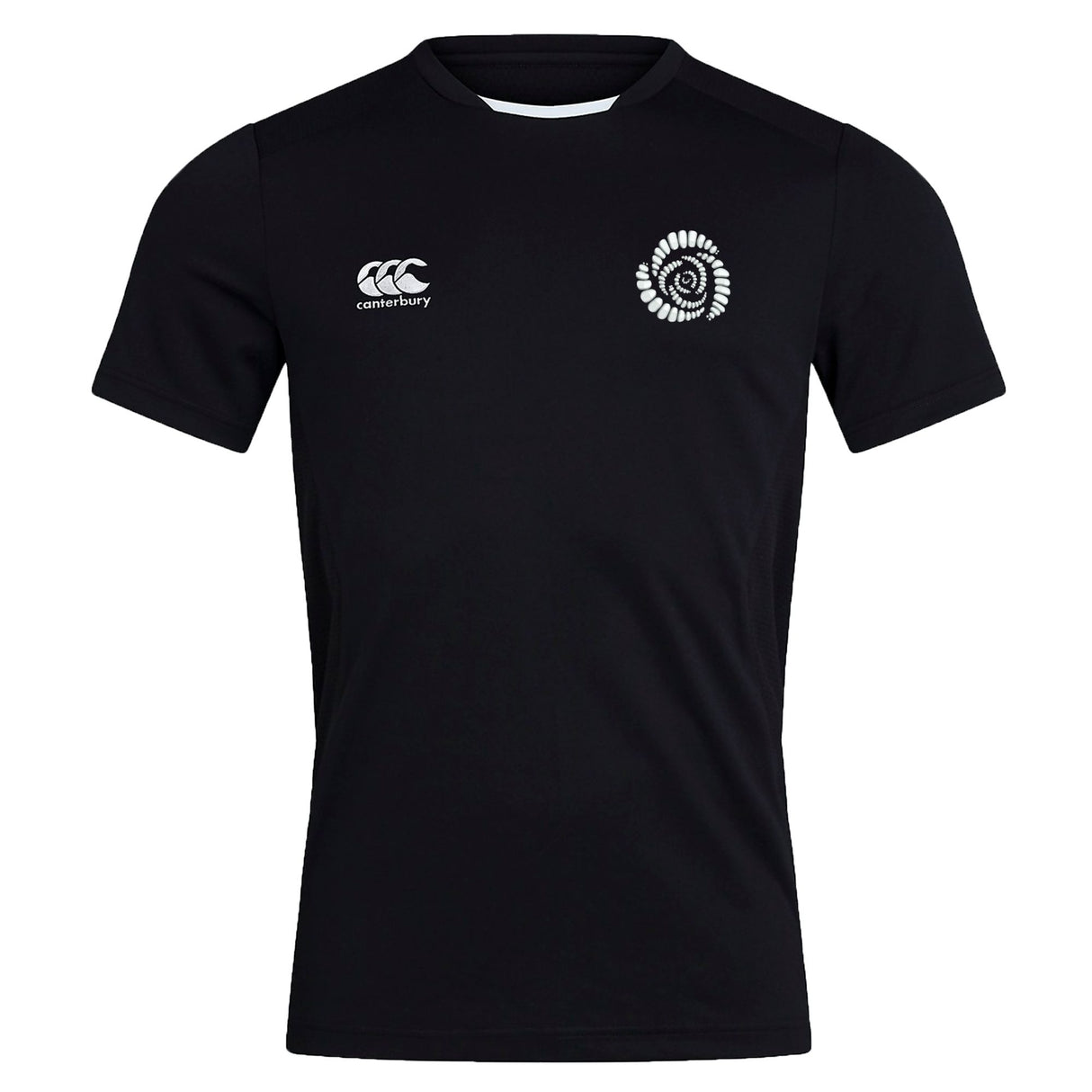 The Missoula All-Maggots Club Dry Tee by EMB Canterbury is a black short-sleeve athletic shirt featuring a white Canterbury logo on the right chest and an eye-catching white spiral graphic on the left chest. Designed with Vapodri Technology, this breathable t-shirt keeps you cool and comfortable during any activity.