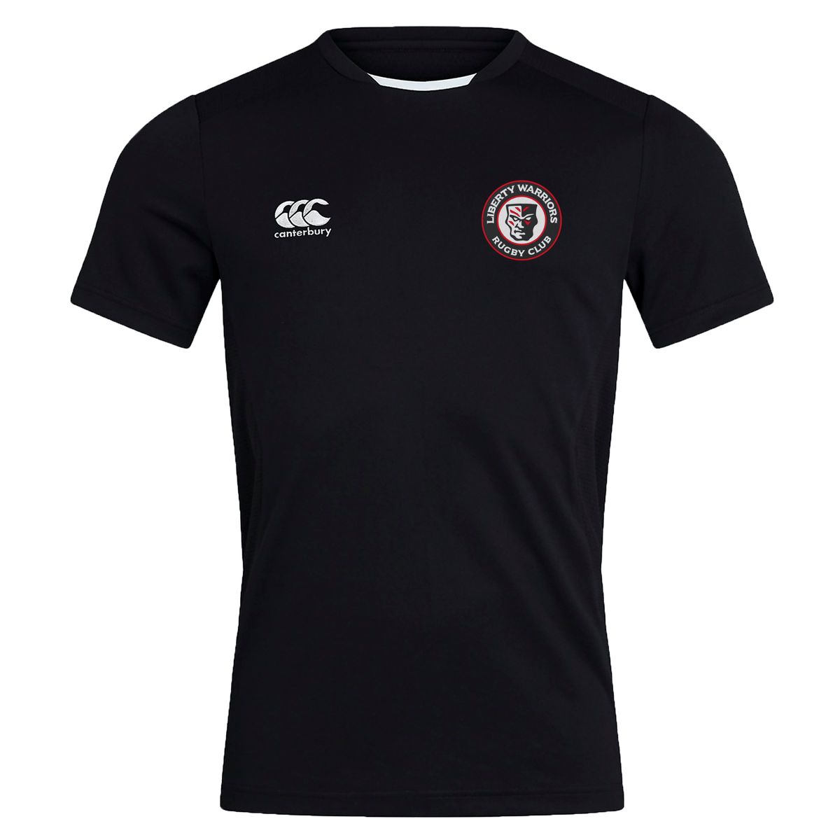 Liberty Lake Warriors Club Dry Tee by Canterbury, from EMB Canterbury, is a black rugby shirt showcasing the Canterbury logo on the left chest and the "Weymouth & Portland RFC" badge on the right. Equipped with Vapodri Technology, it ensures quick-drying comfort and features zoned mesh panels for superior breathability.