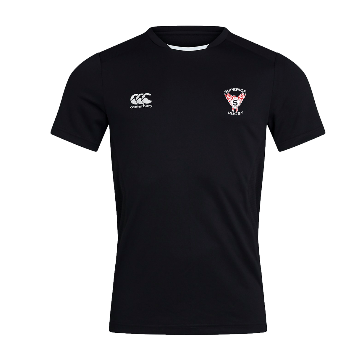 The EMB Canterbury Superior Rugby Club Club Dry Tee is a black short-sleeve t-shirt with the Canterbury logo on the right chest and Salford rugby club crest on the left, crafted with breathable Vapodri Technology for comfort.