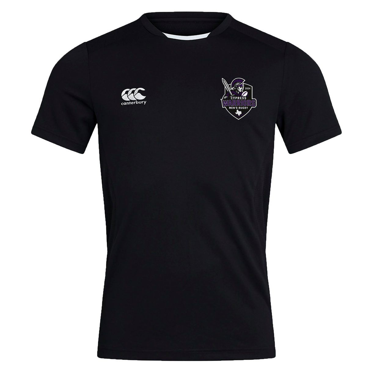 The Cypress Warriors Men's Rugby Club Dry Tee by EMB Canterbury is a black short-sleeve shirt with a team logo on the left chest, Canterbury logo on the right, and moisture-wicking Vapodri tech for all-day comfort.