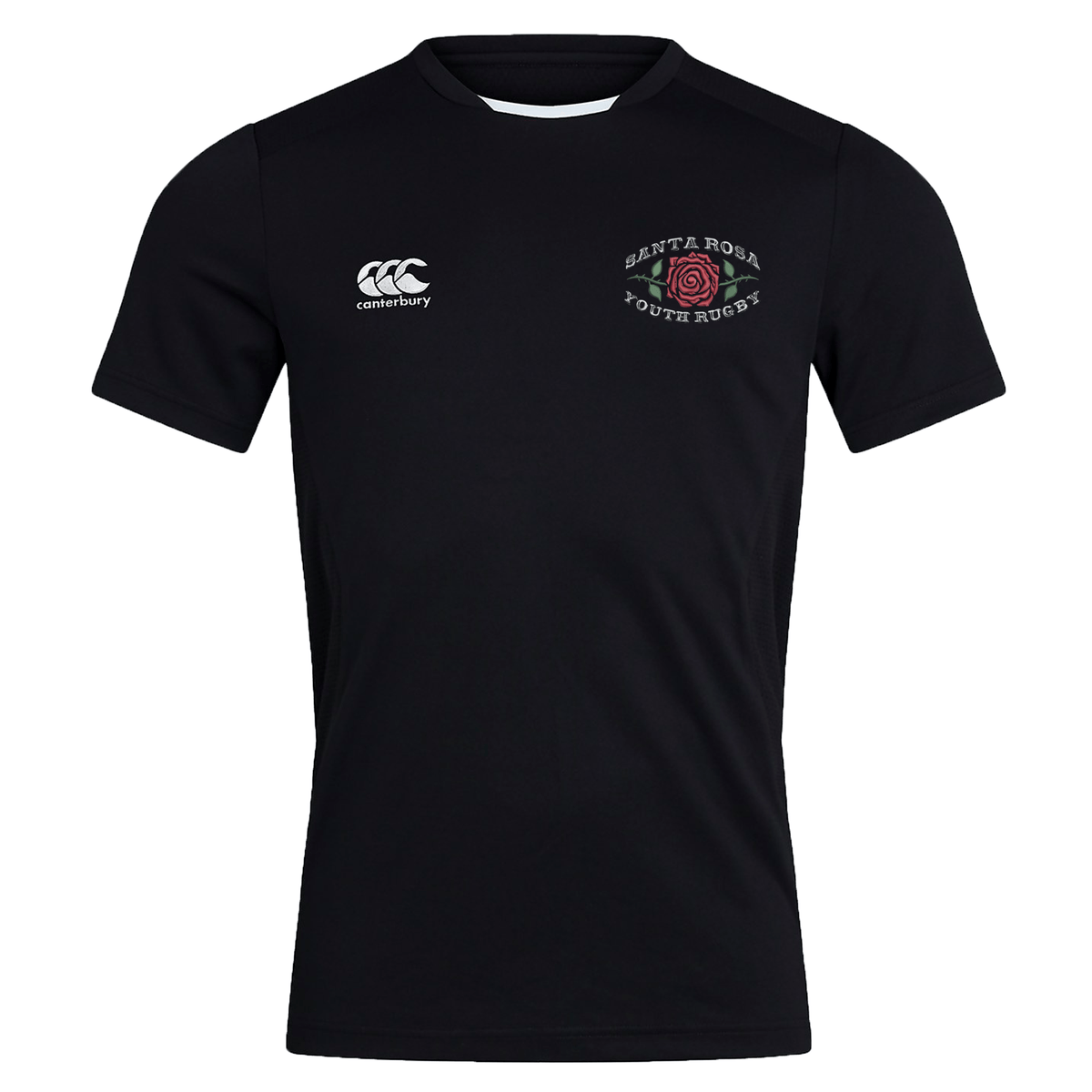 Introducing the Santa Rosa Youth Rugby Club Dry Tee by Canterbury. This black short-sleeve performance shirt from EMB Canterbury features a white Canterbury logo on the right chest and the “Santa Rosa Youth Rugby” emblem with a red rose on the left chest. Made as a Club Dry T-Shirt, it utilizes Vapodri Technology for breathability, helping to keep you cool and comfortable during every match or training session.