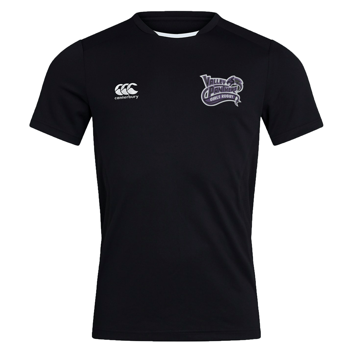 Black short-sleeve girls’ rugby shirt featuring Vapodri Technology, with the EMB Canterbury logo on the right chest and Valley Panthers logo on the left chest. This breathable Club Dry Tee by Canterbury ensures comfort and dryness, making it an ideal choice for active training sessions.