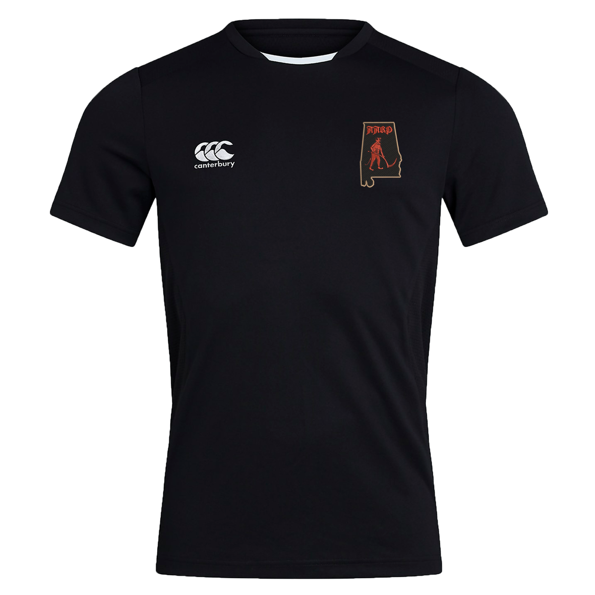An EMB Canterbury Aging Alabama Rugby Players Club Dry Tee featuring a logo of the state of Alabama with a hockey player and the text “AARP” on the chest, designed with Vapodri Technology.