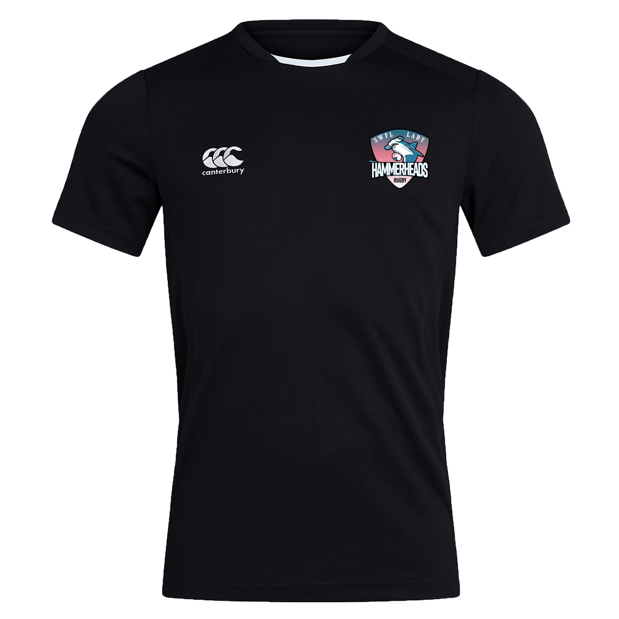 The SWFL Lady Hammerheads Club Dry Tee by WRS Canterbury is a black short-sleeve workout shirt with a "HAMMERHEADS" logo on the right chest and a white Canterbury logo on the left, featuring Vapodri Technology for comfort and performance.