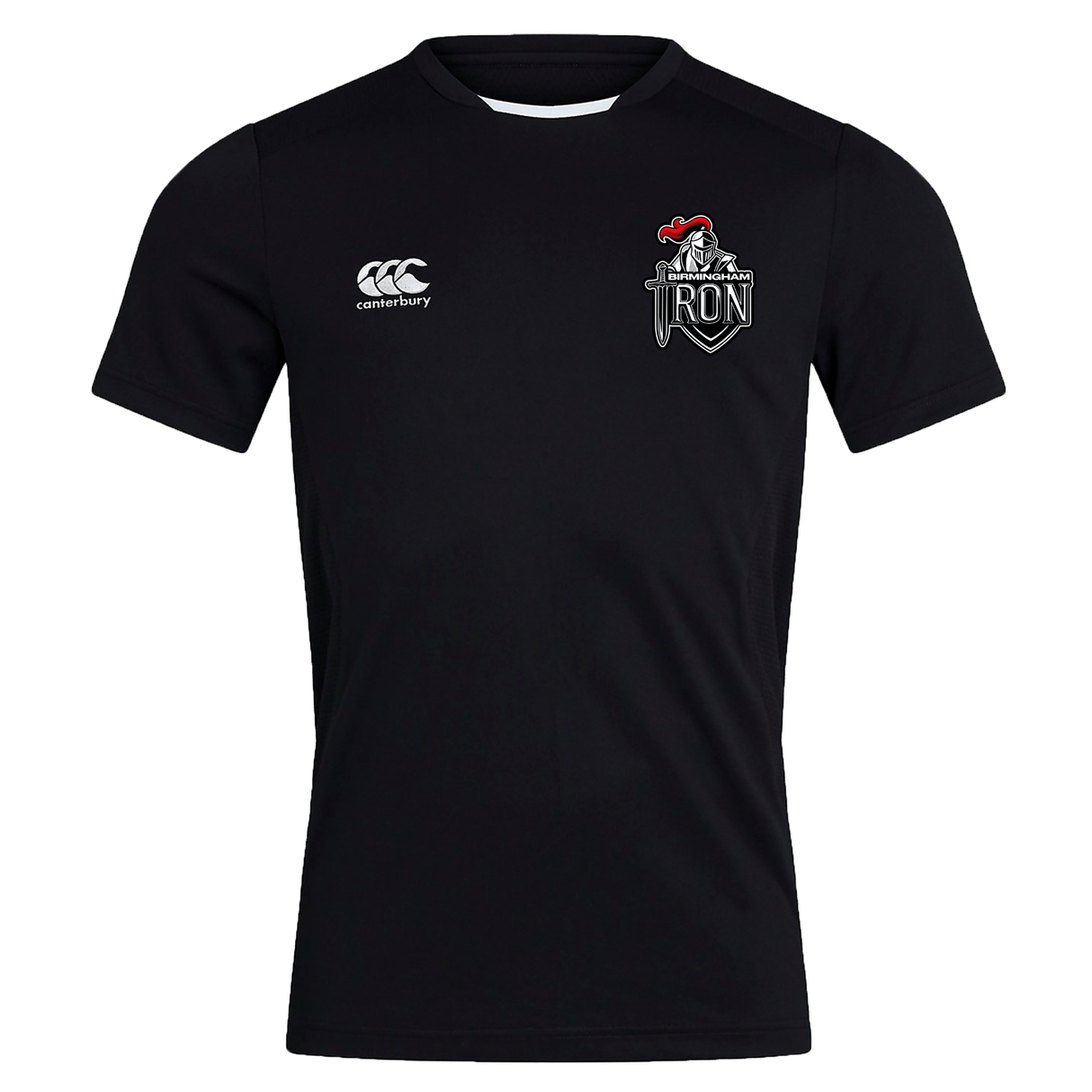The Birmingham Iron Women's Football Club Dry Tee by EMB Canterbury is a black short-sleeve sports jersey with Canterbury and Iron Knights crests, crafted with Vapodri technology for superior moisture wicking.