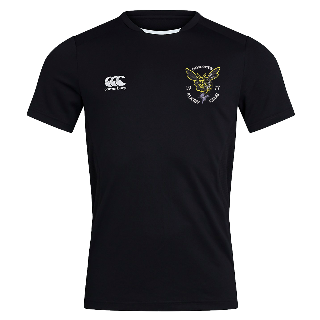 The Hornets Rugby Club 1977 Club Dry Tee by EMB Canterbury is a black short-sleeve rugby shirt featuring Canterbury’s signature Vapodri Technology for advanced moisture management, with a Canterbury logo on the right and a Hornets Rugby Club crest with a yellow hornet on the left.