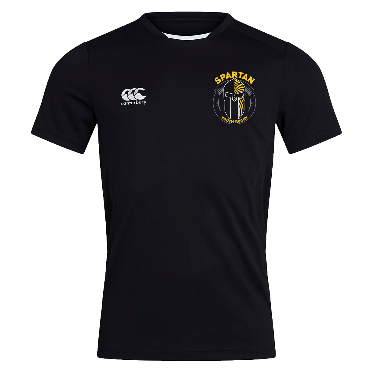 The Spartan Youth Rugby Club Dry Tee by EMB Canterbury is a black, short-sleeved performance shirt with a "Spartan Rugby" left chest logo and "Canterbury" right chest logo, designed for breathability during workouts.