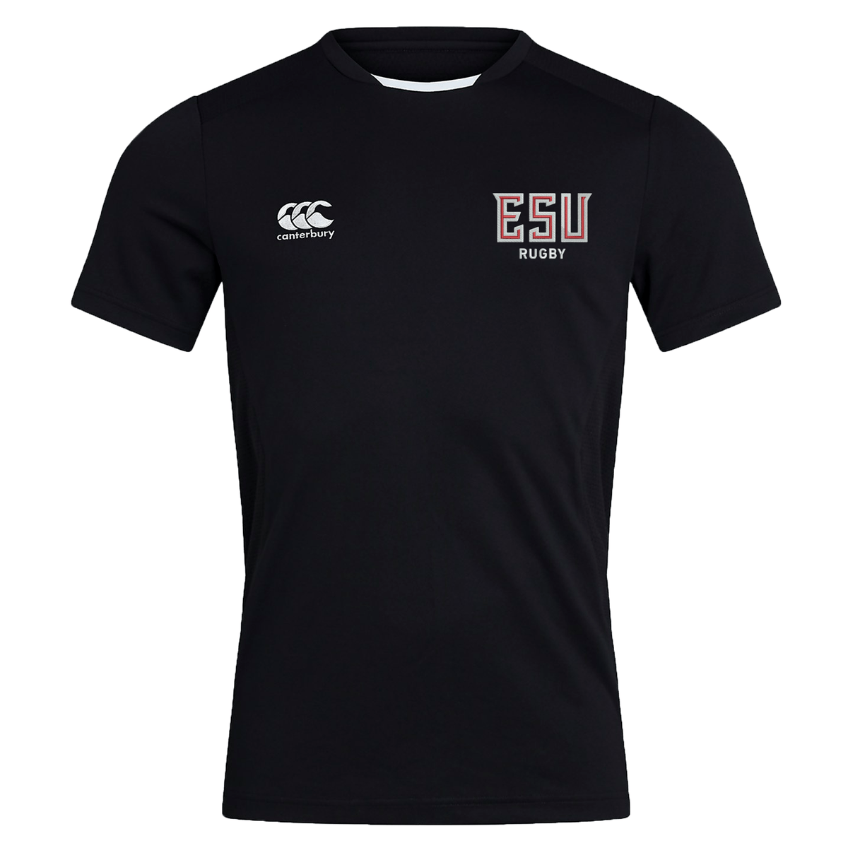 The East Stroudsburg University Club Dry Tee by EMB Canterbury is a black short-sleeve workout shirt with "ESU RUGBY" on the left chest, Canterbury logo on the right, and Vapodri Technology for breathable comfort during training.