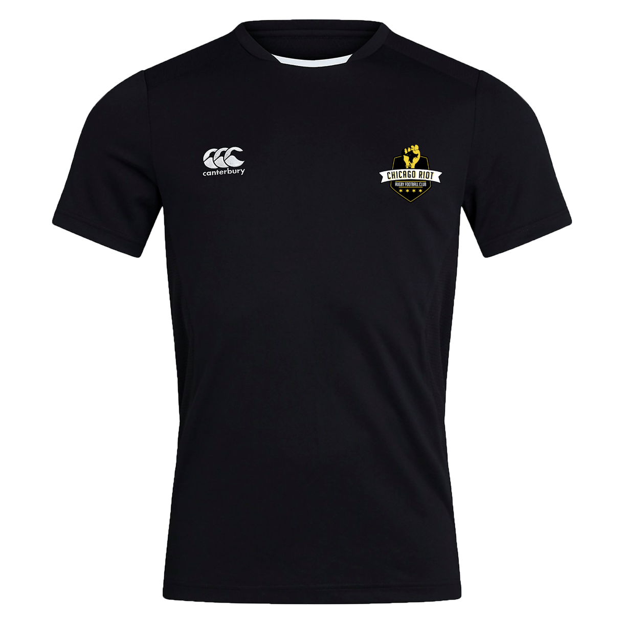The Chicago Riot Club Dry Tee by EMB Canterbury is a black short-sleeve athletic shirt with Vapodri Technology, featuring the Canterbury logo on the right chest and Chicago Riot badge on the left to keep you cool and dry.