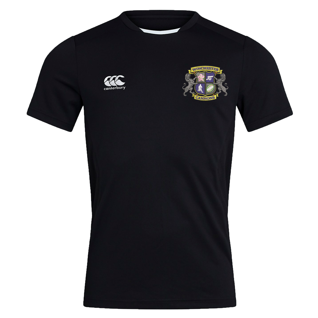 The Winchester Cannons Club Dry Tee by EMB Canterbury is a black short-sleeve sports jersey featuring a left chest crest, white Canterbury logo on the right, and Vapodri Technology for superior moisture wicking to keep you cool during intense workouts.