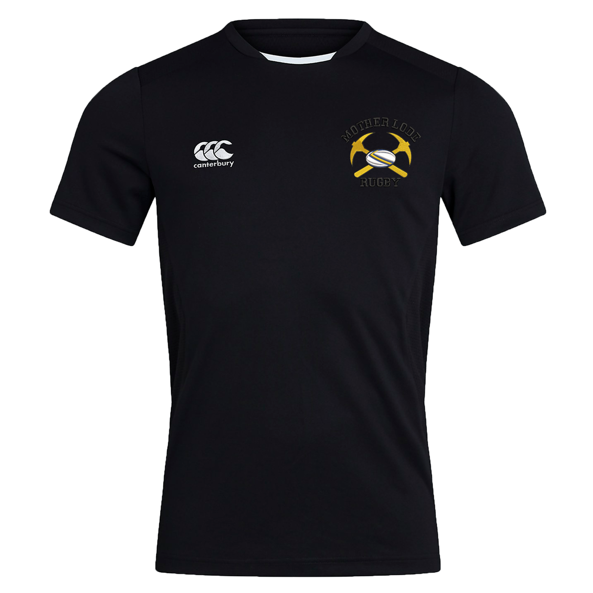 Black Mother Lode Club Dry Tee by Canterbury athletic shirt with a logo on the chest featuring two crossed pickaxes and a rugby ball with the text “Mother Lode Rugby.”