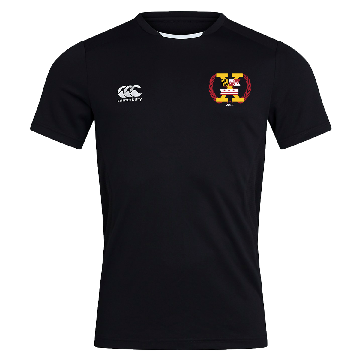 A black short-sleeved Potomac Exiles Rugby Club Club Dry Tee by EMB Canterbury, featuring a white Canterbury logo on the right chest, a red and gold Potomac Exiles crest on the left chest, and Vapodri Technology to help keep you dry during intense training sessions.