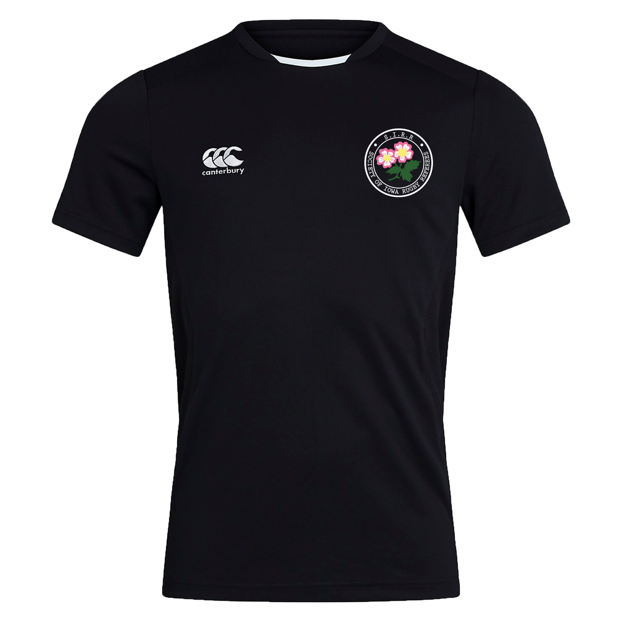 The Society of Iowa Rugby Referees Club Dry Tee by Canterbury is a black short-sleeve athletic shirt from EMB Canterbury, featuring a white Canterbury logo on the right chest and a round floral emblem on the left chest. Made with breathable Vapodri Technology, it keeps you cool and comfortable during every workout.