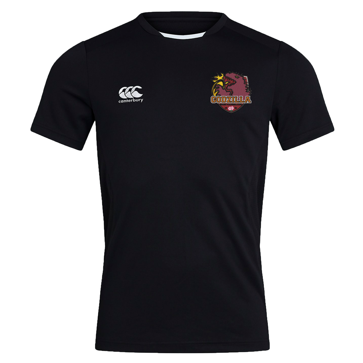 Sure! Here’s a rewritten version using your product data: The Godzilla Rugby Football Club Club Dry Tee by EMB Canterbury is a black, short-sleeved athletic T-shirt featuring quick-drying Vapodri Technology, with the “EMB Canterbury” logo on the right chest and a bold “Godzilla” graphic on the left chest.