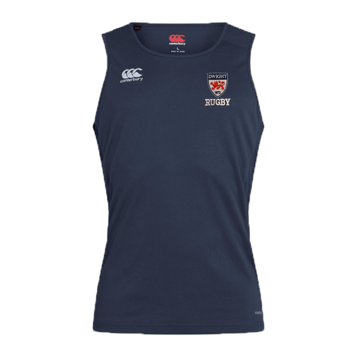 Navy sleeveless Canterbury Club Dry singlet with EMB Canterbury logo on the right chest and "dwight rugby" text on the left, displayed on a plain background.