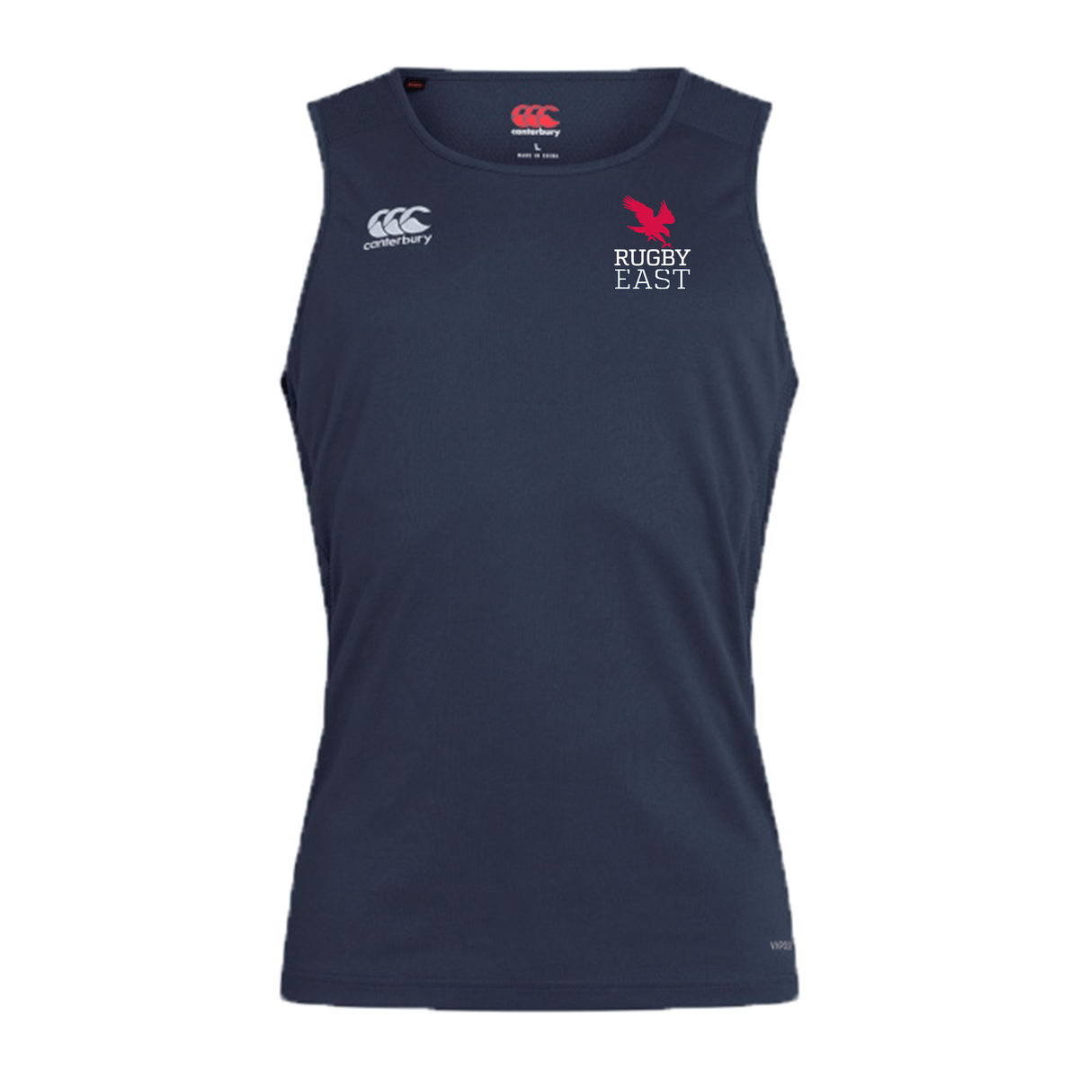 A Rugby East Conference Club Dry Singlet by EMB Canterbury featuring a "Rugby East" logo and an EMB Canterbury logo on the front, crafted as part of the Canterbury Club Dry singlet range with advanced Vapodri Technology for superior athletic gear performance.
