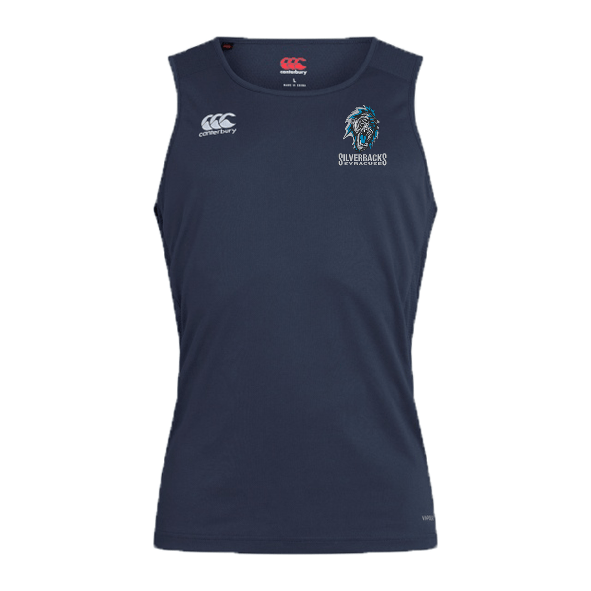 A navy blue sports tank top with the "Silverbacks of Colorado" logo on the right chest and the EMB Canterbury logo on the left chest, this Syracuse Silverbacks Club Dry Singlet by Canterbury incorporates Vapodri Technology for optimal performance in all athletic gear activities.
