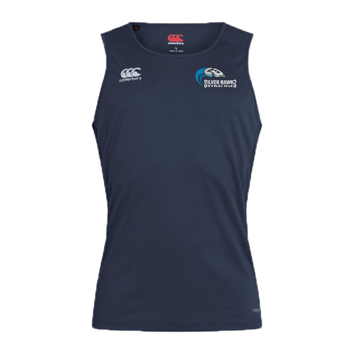 Navy blue sleeveless sports tank top featuring the "Silver Hawks SkyPark World" logo and Canterbury brand logo on the front. Engineered with Vapodri Technology, this quick-drying Syracuse Silver Hawks Club Dry Singlet by EMB Canterbury ensures optimal performance and comfort during your workouts.
