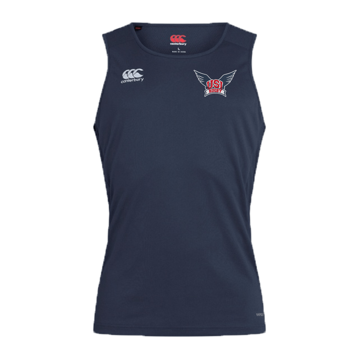A University of Southern Indiana Club Dry Singlet by Canterbury featuring a red and white emblem on the chest, equipped with EMB Canterbury's Vapodri Technology for superior moisture management. This piece of athletic gear showcases the brand's logo, ensuring top performance and style.