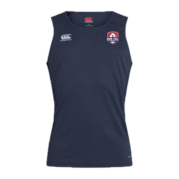 The CenCal Rugby Club Dry Singlet by EMB Canterbury is a navy blue sleeveless top featuring a white Canterbury logo on the right chest, red and white shield emblem on the left chest, and advanced Vapodri Technology for peak performance.