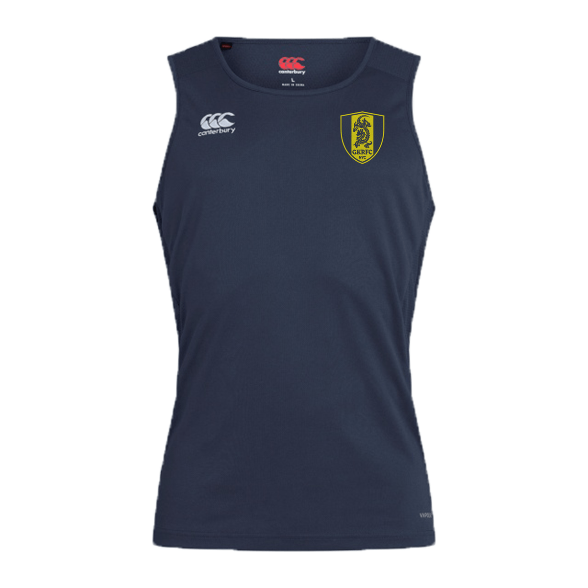 The Gotham Knights Club Dry Singlet by EMB Canterbury is a navy blue sleeveless sports shirt featuring a yellow shield emblem with a black lion on the chest and a small white logo in the upper left corner. Part of the Canterbury Club Dry Singlet collection, it offers enhanced moisture management with Vapodri Technology, making it the perfect athletic gear.