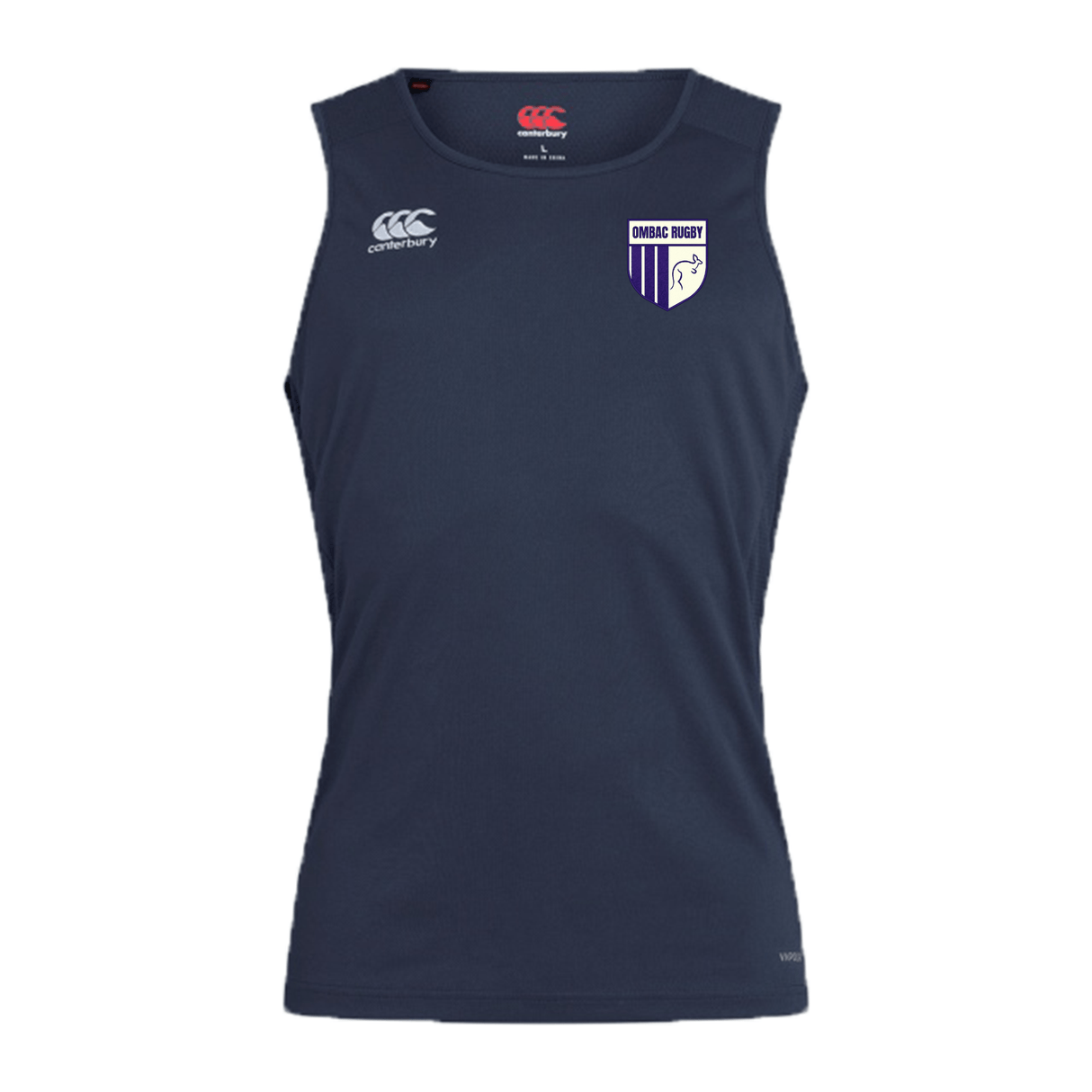 The OMBAC Rugby Club Dry Singlet by Canterbury is a navy blue sleeveless athletic gear featuring a white EMB Canterbury logo on the upper-left chest, a club crest on the upper-right chest, and enhanced with Vapodri Technology for optimal performance.
