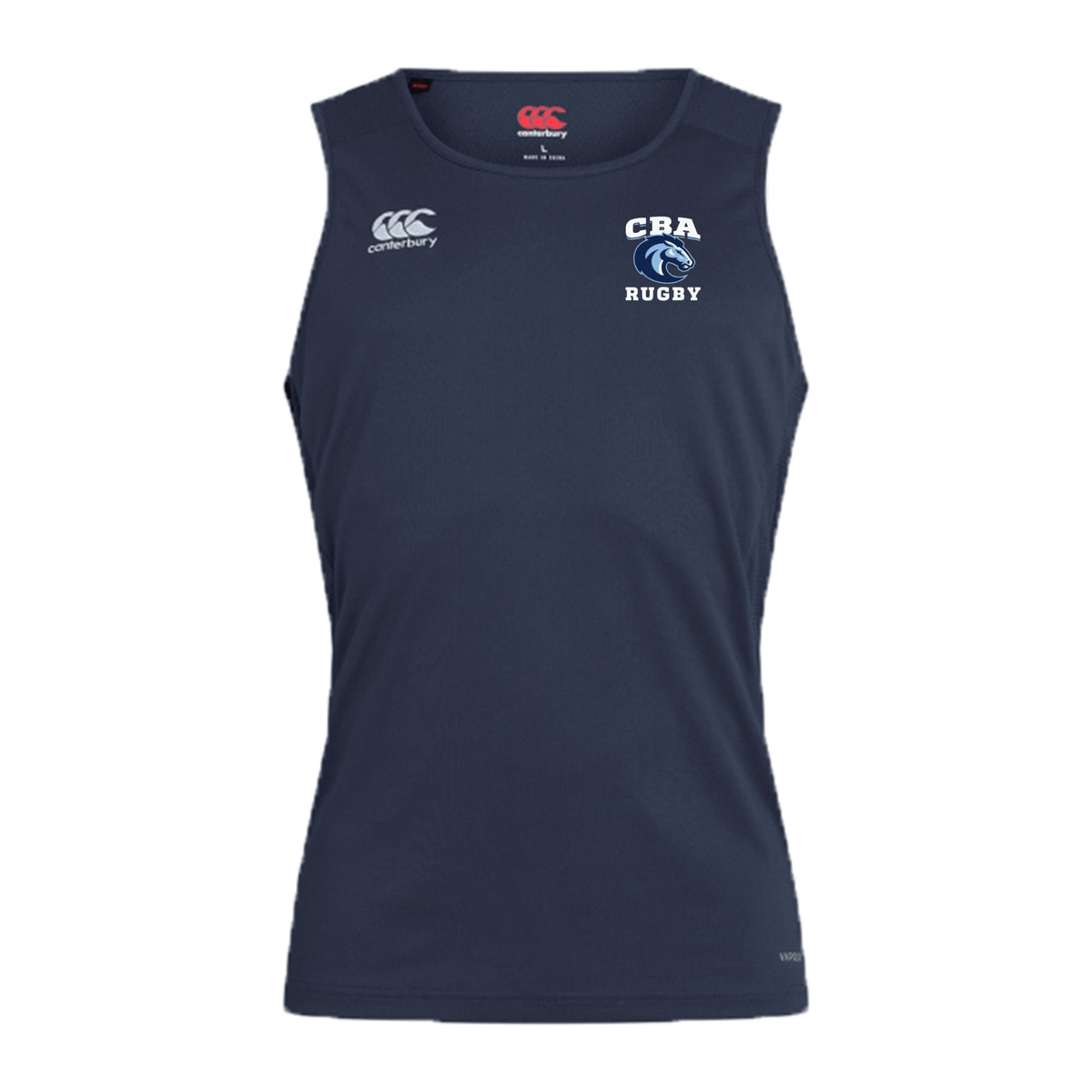 The Christian Brothers Academy Rugby Club Dry Singlet by EMB Canterbury offers performance and comfort with Vapodri Technology, featuring a navy blue sleeveless design, CBA Rugby logo, and white Canterbury branding.