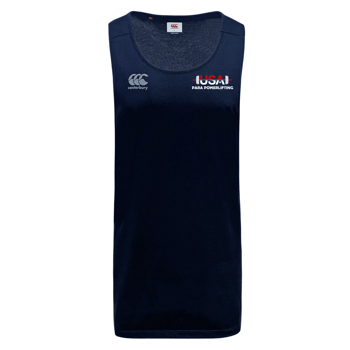 The EMB Canterbury USA Para Powerlifting Club Dry Singlet is a navy sleeveless athletic tank with Vapodri tech, featuring the Canterbury logo on the left chest and "USA Para Powerlifting" on the right chest.