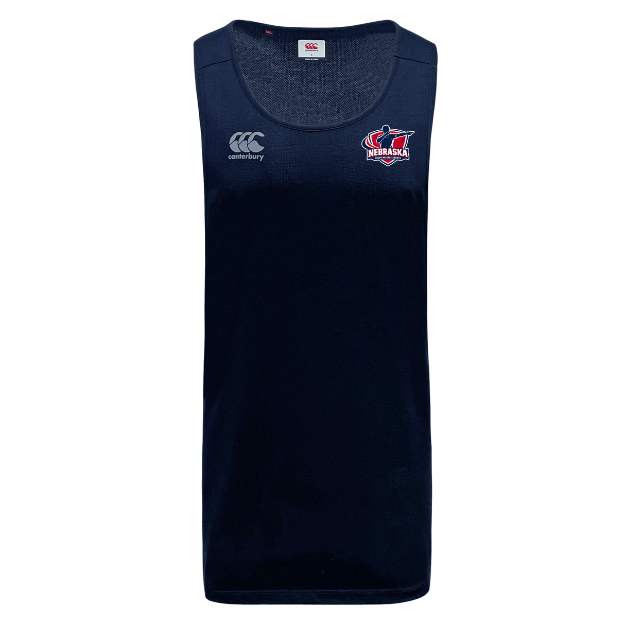 The Nebraska Rugby Referee Society Club Dry Singlet by EMB Canterbury is a sleeveless navy top with Vapodri Technology, featuring the Canterbury logo on the left chest and Nebraska rugby logo on the right. Premium athletic gear for top performance.