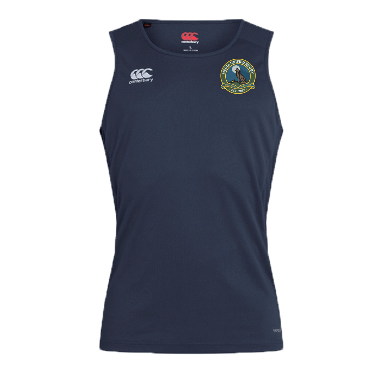 Navy blue Media Unified Rugby Club Dry Singlet by Canterbury sleeveless sports top featuring a wolf logo and “Media Unified Rugby” text on the chest.