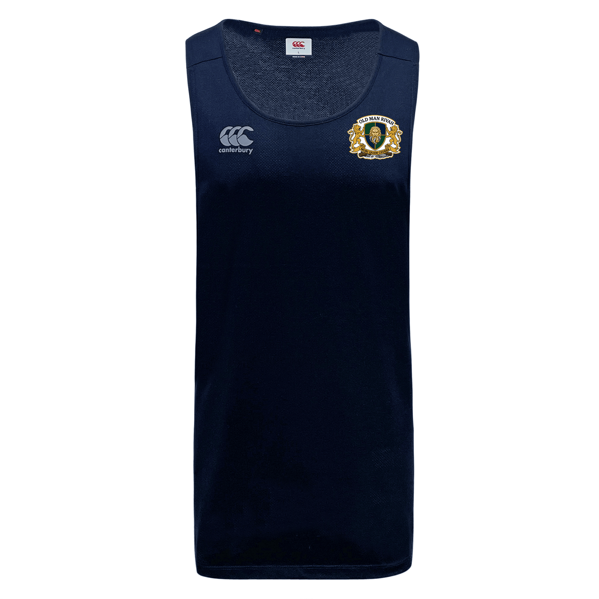 The Old Man Rivah Rugby Club Dry Singlet by EMB Canterbury features Vapodri Technology, the Canterbury logo on the right chest, and a club crest on the left. Ideal high-performance athletic tank top in navy blue.