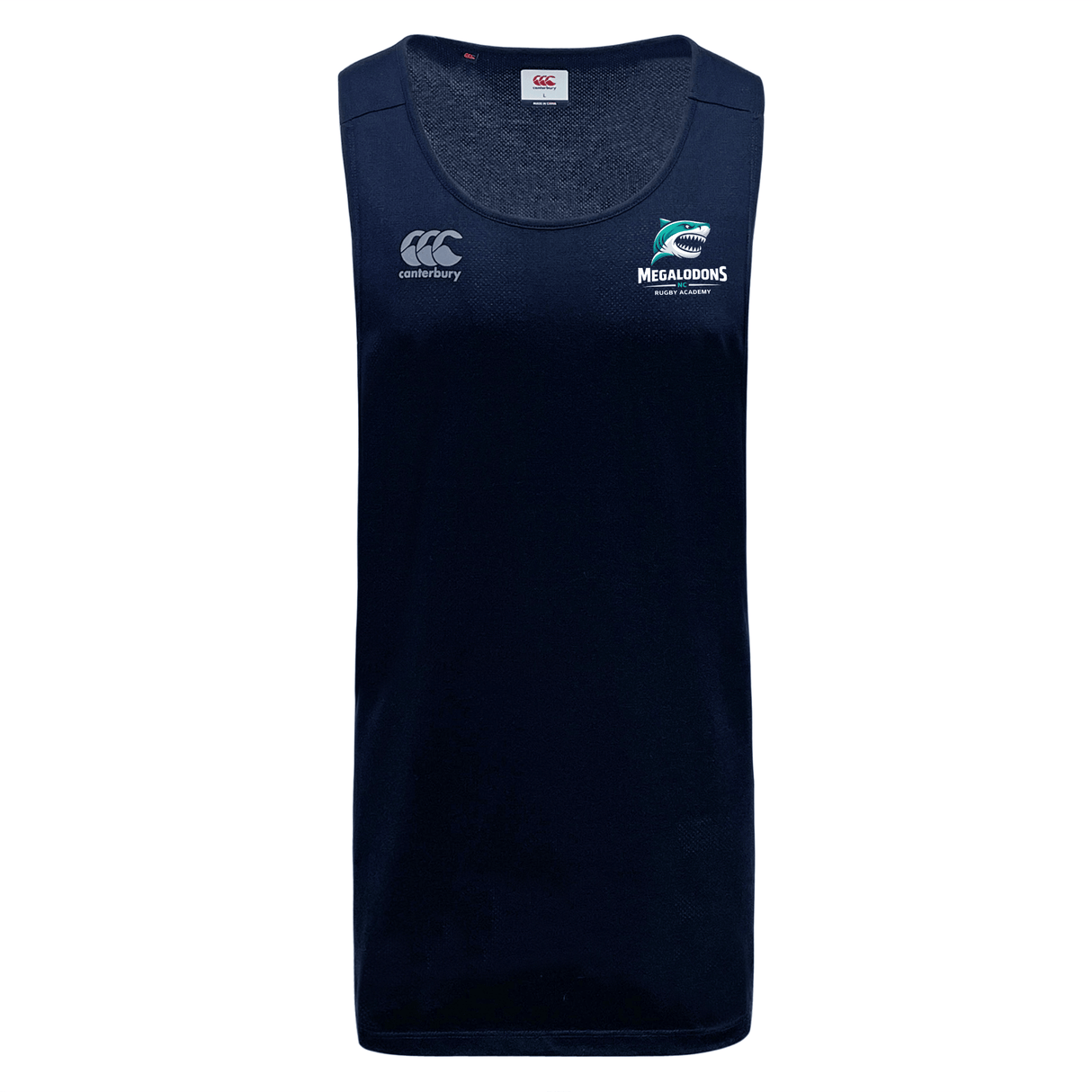 The NC Rugby Academy - Megalodons Club Dry Singlet by EMB Canterbury is a navy blue sports tank with Vapodri Technology and Megalodons logos—ideal athletic wear for peak performance.