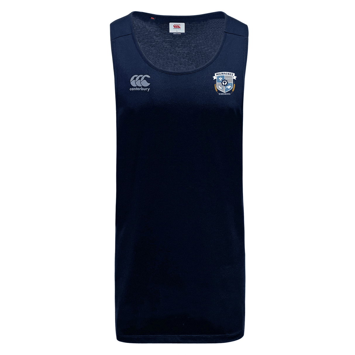 The Milwaukee Barbarians Rugby Club Dry Singlet by EMB Canterbury features Vapodri Technology, a navy color, and the club logo on the left chest—perfect athletic gear.