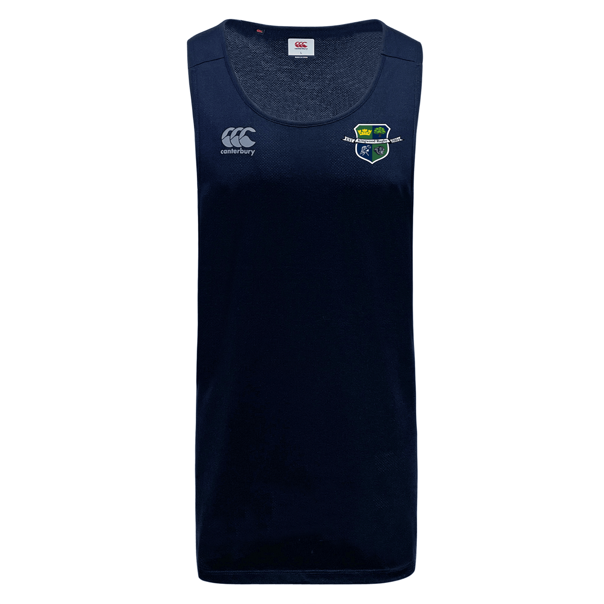 The Kingwood Rugby Club Dry Singlet by EMB Canterbury is a navy rugby tank top featuring the Kingwood Rugby crest—ideal athletic wear combining comfort and style.