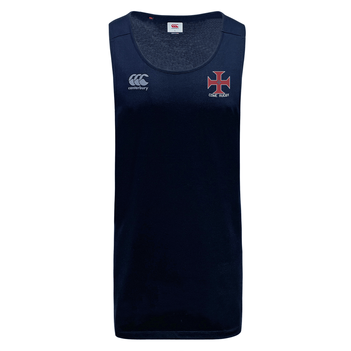 Introducing the SF CDME Rugby Club Dry Singlet by EMB Canterbury, a navy blue athletic tank top featuring the EMB Canterbury logo on the left chest and a red and white cross emblem on the right chest. This high-performance singlet is crafted with Vapodri Technology to keep you cool and comfortable during intense workouts.