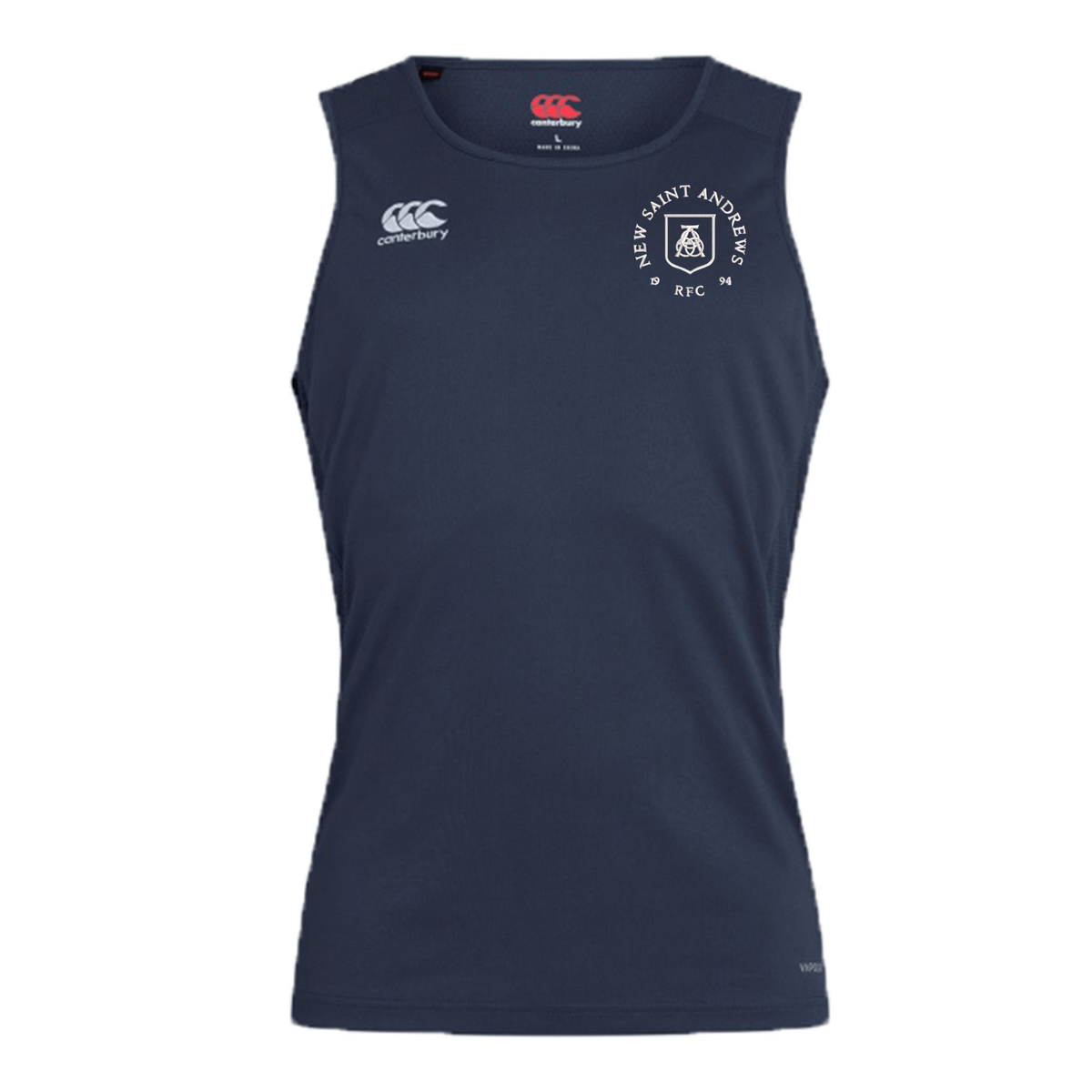 Navy New Saint Andrews College Club Dry Singlet by EMB Canterbury, sleeveless and designed with Vapodri Technology, featuring two white chest logos—a Canterbury logo on the right and a New Saint Andrews college crest on the left—perfect athletic gear for peak performance.