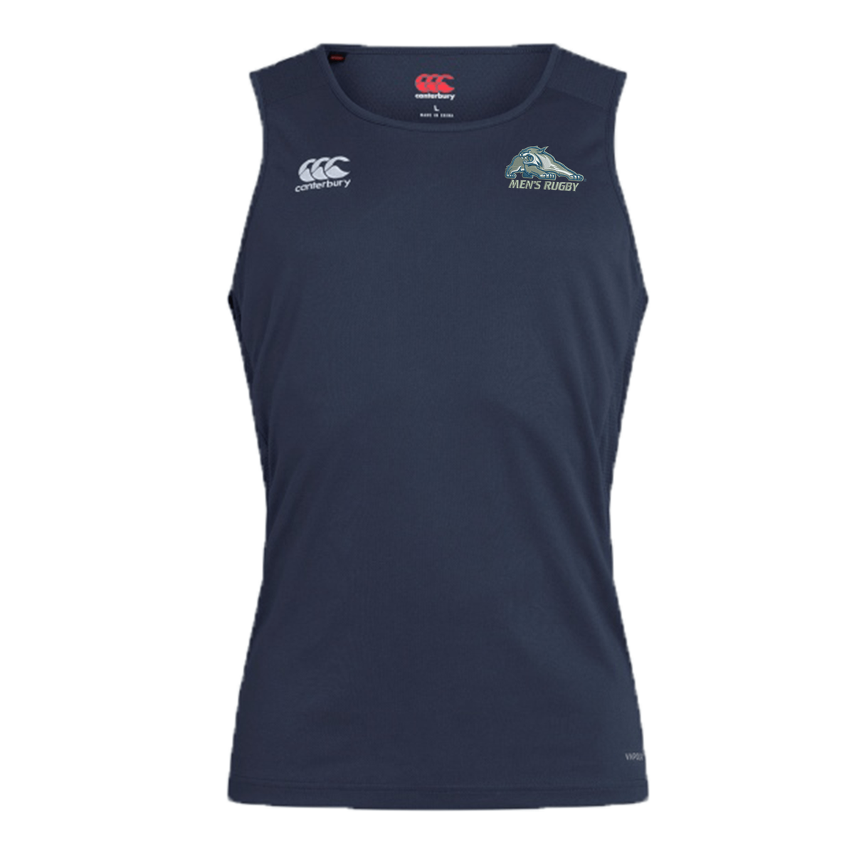 Navy blue University of New Hampshire Club Dry Singlet by Canterbury featuring a Men’s Rugby logo on the chest.