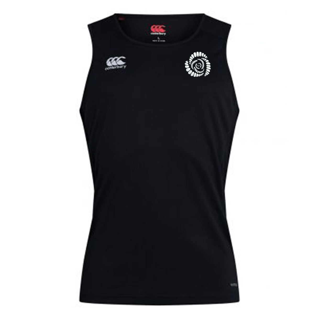 The Missoula All-Maggots Club Dry Singlet by EMB Canterbury is a sleeveless black athletic shirt featuring a white Canterbury logo on the right chest and a circular white emblem on the left chest, expertly crafted for superior athletic gear performance.