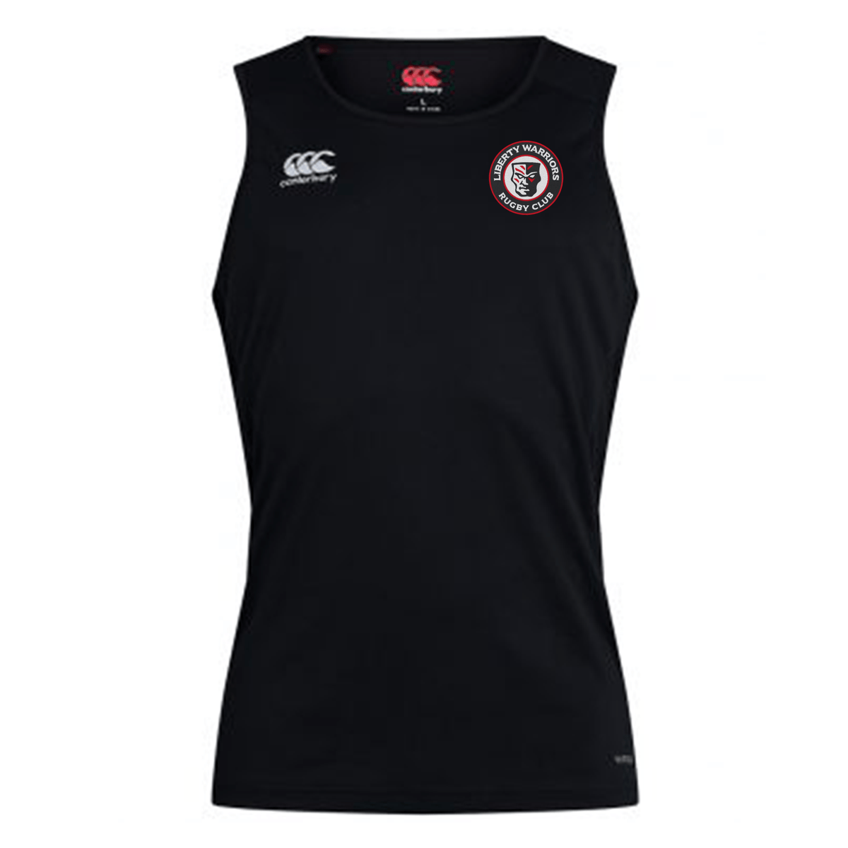 The Liberty Lake Warriors Club Dry Singlet by EMB Canterbury, available in black, showcases a small logo on the left chest and Canterbury's signature logo on the right. It's crafted with Vapodri Technology to ensure you stay cool and dry, making it an ideal choice for athletic gear enthusiasts who prioritize performance and comfort.
