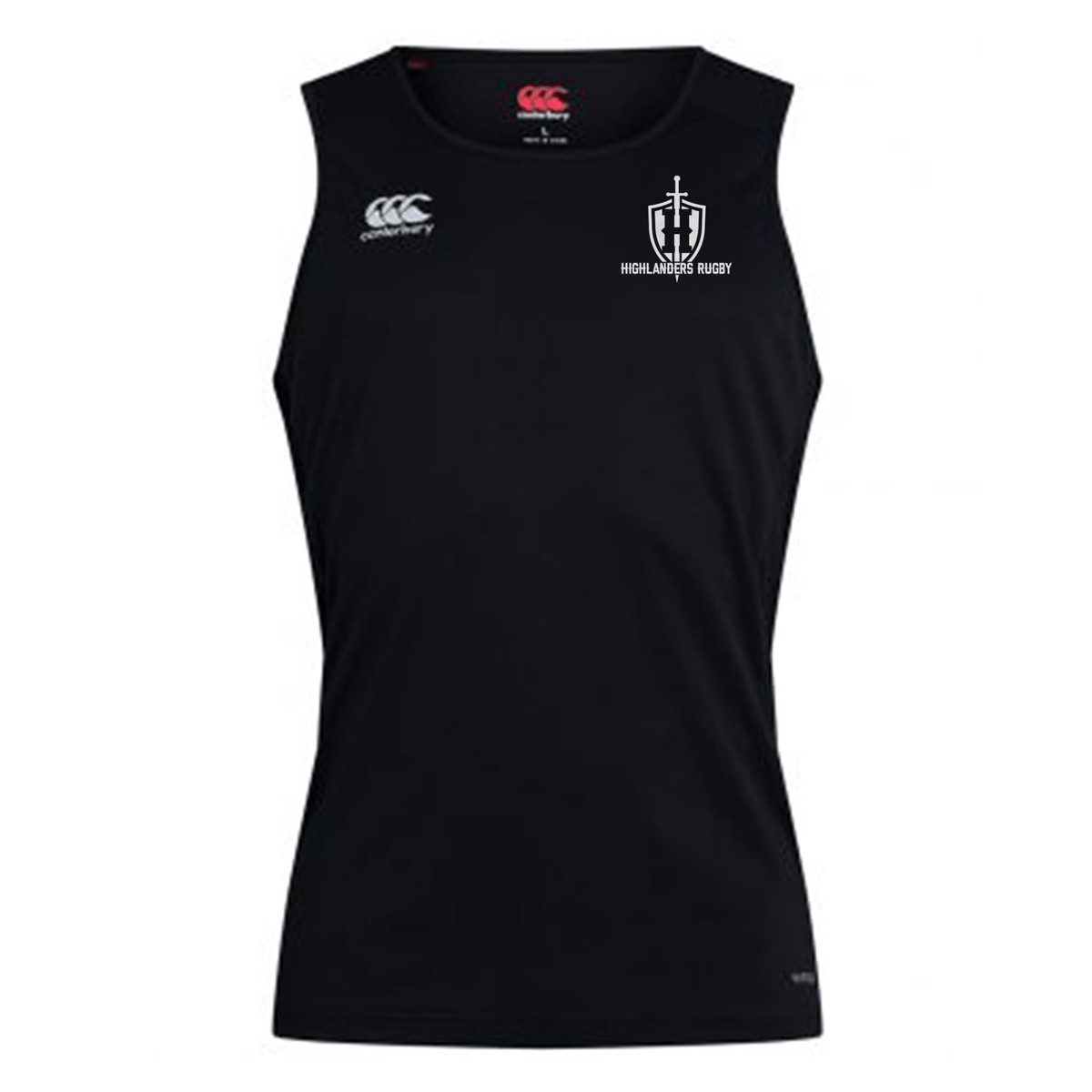 The Highlanders Rugby NC Club Dry Singlet by Canterbury in black is a sleeveless training shirt that incorporates Vapodri Technology. It features the Canterbury logo on the left shoulder and the "Highlanders Rugby" logo on the right chest. This athletic gear from EMB Canterbury is perfect for enhancing performance on and off the field.