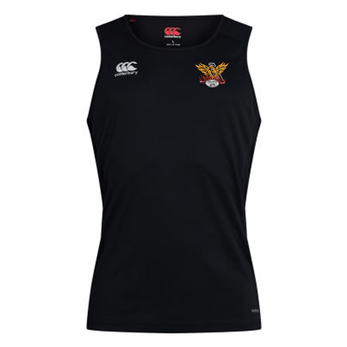 Introducing the Atlanta Old White Rugby Club Dry Singlet by Canterbury, a black sleeveless athletic top adorned with a white Canterbury logo on the right chest and a distinctive red-and-yellow winged badge on the left chest. Designed using Vapodri Technology from EMB Canterbury, this breathable workout tank ensures you stay cool and comfortable during even the most intense workouts.