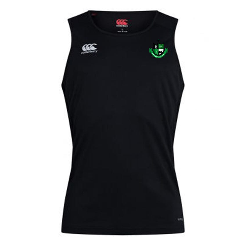 The Eno River Rugby Club Dry Singlet by EMB Canterbury is a black sleeveless sports top featuring Vapodri Technology, with the Canterbury Club Dry logo on the front right and a green and white shield emblem on the left.
