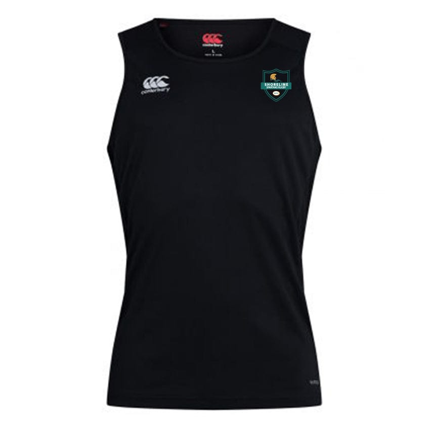 Introducing the Shoreline Spartans Club Dry Singlet by Canterbury, a black sleeveless athletic jersey featuring a small logo on the top left chest and the iconic Canterbury Club Dry singlet emblem on the opposite side. The Vapodri Technology is situated just below the neckline, making it perfect for intense workouts. This essential gear from EMB Canterbury ensures optimal performance and comfort.