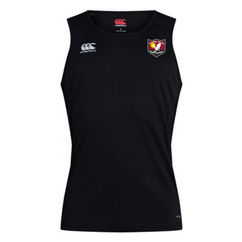 The Virginia Beach RFC Club Dry Singlet by EMB Canterbury is a black athletic tank top featuring a white logo on the right shoulder, a red and white crest on the left chest, and a small brand logo near the bottom. Utilizing Vapodri Technology, this singlet ensures you stay comfortable during your workout sessions.
