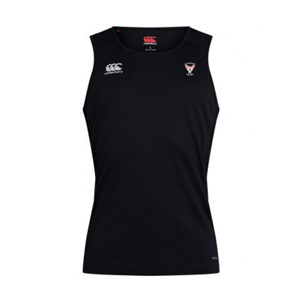 The EMB Canterbury Superior Rugby Club Club Dry Singlet is a sleeveless black athletic shirt with Vapodri Technology and two white chest logos, shown on a plain background—perfect for peak performance.
