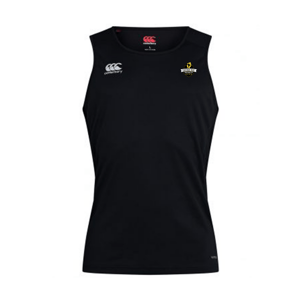 The Chicago Riot Club Dry Singlet by EMB Canterbury is a sleeveless black athletic tank with Vapodri Technology, featuring the Canterbury logo left chest and University of Southern Queensland emblem right chest for performance and style.