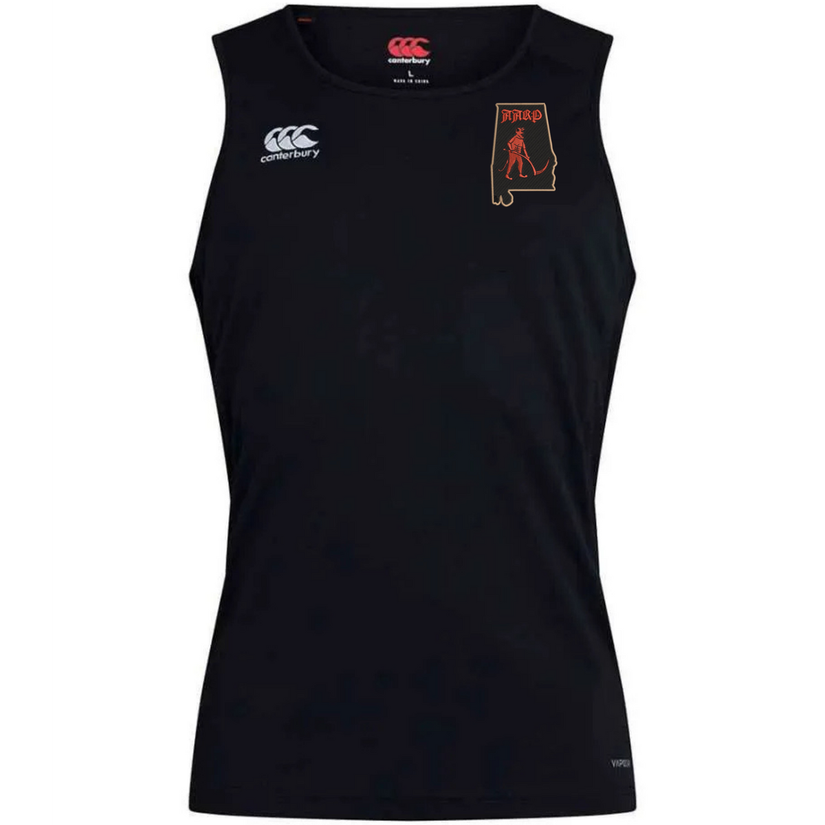 Black Aging Alabama Rugby Players Club Dry Singlet by Canterbury featuring an Alabama state silhouette logo with a graphic of a person in a hat and the letters “FARP”.