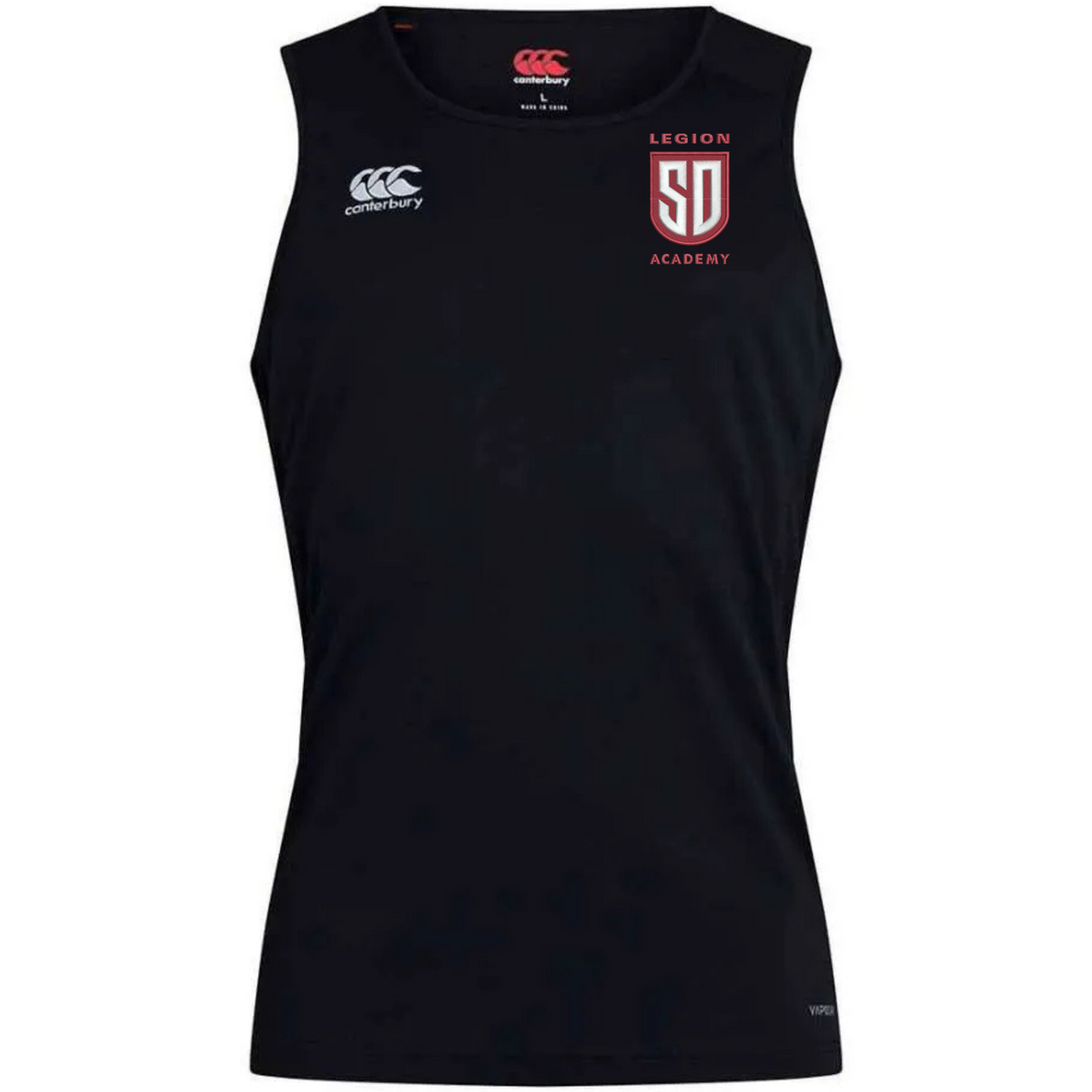 Black Legion Academy Club Dry Singlet by Canterbury with a white logo on the right chest and a red and white “Legion Academy” crest on the left chest.